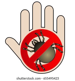 Tick parasite warning sign. Caution acarus. Mite allergy. Epidemic. Human mite parasite. Mite parasites. No, Icon with hand. Mite warning sign. Vector illustration 