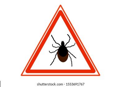 Tick parasite warning sign. Mite warning sign. Dangerous tick area warning sign. Tick vector icon isolated on white. Tick silhouette. Anti bug vector icon. Epidemic. Human mite parasite. Flat style