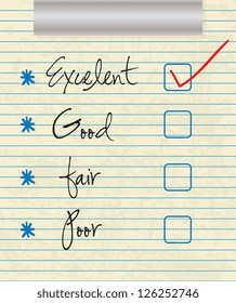 Tick placed in excellent check box on customer service satisfaction survey form