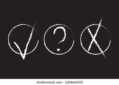 Tick, question and cross signs. White check marks OK and X icons, isolated on black background. Simple marks graphic design. symbols YES and NO button for vote, decision, web. Vector illustration