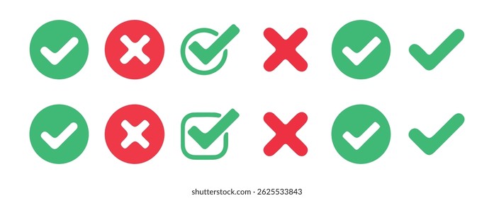  tick and red cross checkmarks. Right or wrong icons. Checkmark and x mark icon set, Victor illustration Eps 10