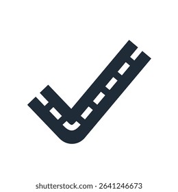  Tick ​​mark with road markings.The correct, true road, path. Vector linear icon illustration isolated on white background.