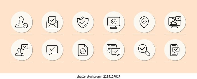 Tick set icon. Checked, done, monitor, pointer, clipboard, confirmed, recommended, advise, search, file, success. Checkmark concept. Pastel color background. Vector line icon