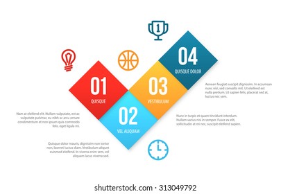 Tick shaped vector infographic layout isolated on white. Colorful squares with numbers and headers form a check mark. Clean presentation template.