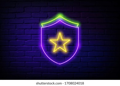 Tick shield symbol. Glow laser yellow neon star. Neon lights chat bubble. Banner badge with confirmed icon. Vector