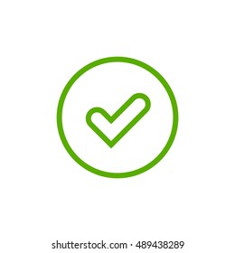 Tick sign element. Green checkmark icon isolated on white background. Simple mark graphic design. Circle OK button for vote, decision, web. Symbol of correct, check, approved Vector illustration