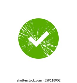 Tick sign element. Green grunge checkmark icon isolated on white background. Simple mark design. Circle shape OK button for vote, decision. Symbol of correct, check, approved Vector illustration