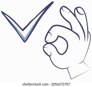 Tick-Zeichen-Element und Handgesten mit Ok-Zeichen. Markierungssymbol einzeln auf weißem Hintergrund. Einfaches Grafikdesign. OK Taste für die Abstimmung, Entscheidung, Web. Symbol der Richtigkeit, Überprüfung, genehmigt