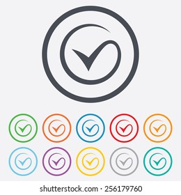 Tick sign icon. Check mark symbol. Round circle buttons with frame. Vector