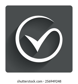 Tick sign icon. Check mark symbol. Gray flat square button with shadow. Modern UI website navigation. Vector