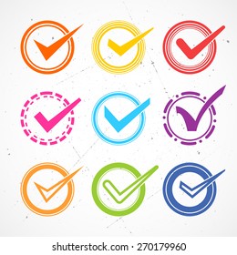 Tick sign icon. Check mark symbol. Round colourful
