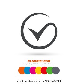 Tick sign icon. Check mark symbol. Classic flat icon. Colored circles. Vector