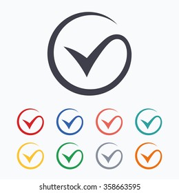 Tick sign icon. Check mark symbol. Colored flat icons on white background.
