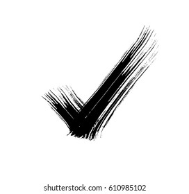 Tick Sign Or Mark Graphic Element Pattern. Brush Stroke Checkmark Isolated On White Background. Vector Black Ink Hand Drawn Scribble Swatch For Your Design