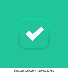 Tick success checkmark on green background in trendy neumorphism style. Vector EPS 10
