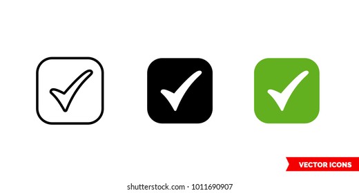 Tick symbol icon of 3 types: color, black and white, outline. Isolated vector sign symbol.