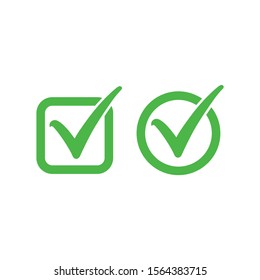 Tick symbol set in green square and circle. Yes, right checkmark in checkbox vector icons.  