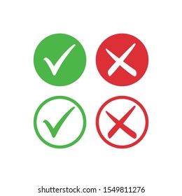 Tick symbol set in red and green circle, checkmark in checkbox vector icons. Yes and no, right and wrong tick check mark with round check box  symbols.