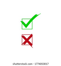 Tick symbol set in red and green circle, checkmark in checkbox vector icons. Yes and no, right and wrong tick check mark with square check box symbols.