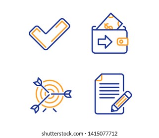 Tick, Target and Wallet icons simple set. Article sign. Confirm check, Targeting, Money payment. Feedback. Education set. Linear tick icon. Colorful design set. Vector