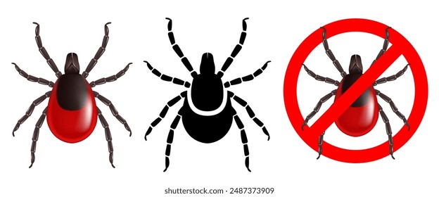 Tick ​​3D. Ticks set. Deer tick. Vector clipart isolated on white background.