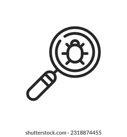 Tick Treatment Icon. Vector Outline Editable Sign of Magnifying Glass Focused on a Tick Representing Parasite Detection, Insect Control, and Veterinary Care in Pets.