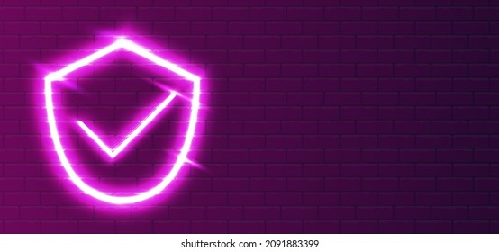 Tick ​​icon type with LED red-violet super bright neon shield. Approved protection with realistic neon security shield. Antivirus security. Security shield night show on the wall. Wall Background.