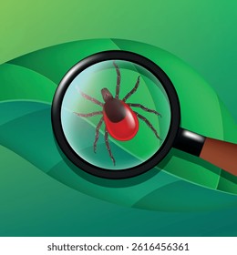 Tick. Tick under a magnifying glass. Vector 3d illustration.