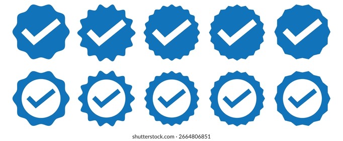 Marca e conjunto de ícones de verificação. Marca verificada azul ou ícone de vetor de selo válido em design de estilo plano para design de site, aplicativo, IU, isolado em fundo branco.