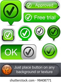 Tick web green buttons for website or app. Vector eps10.