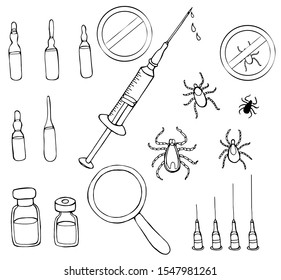 Tick-borne encephalitis vaccination. Set of hand drawn outline doodle objects on a white background. Ampoules, syringe, magnifier, vaccine, ticks. Illustration for print, mobile and infographics.