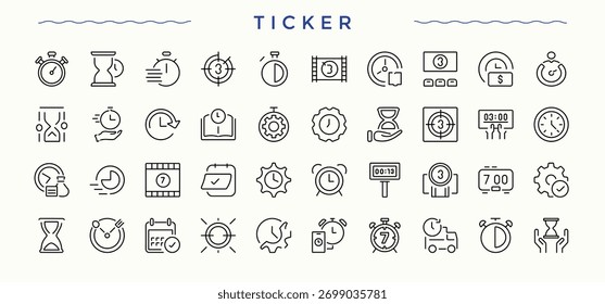 Conjunto de ícones de linha de marca. Ícones lineares modernos. Contém ícones como dia, cronômetro, hora, alarme, relógio, relógio. Vetor arte editável do traçado. Coleção de ícones de alarme.