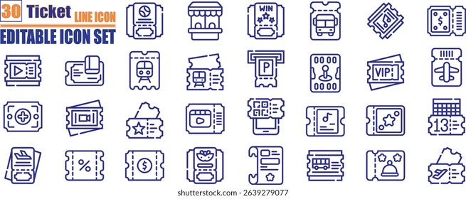 Ticket admit icon set. Containing raffle, cinema, coupon, vouchers, token, discount, vacation, shopping. Ticket of event, movie, theatre, entry, travel, show, concert, and tournament.