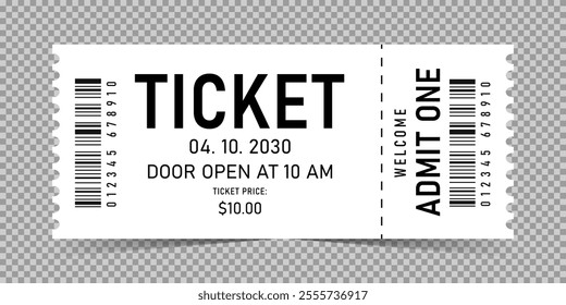 Ticket. Admit one ticket with bar code. concert and festival event, movie theater coupon.