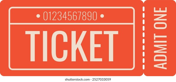 Ticket. Admit one ticket with code. Retro old style, red ticket concert and festival event, movie theater coupon. Vector paper and digital samples icon.