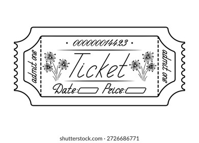 Ticket zugeben. Feuerwerk. Skizze. Datum und Preis angegeben. Kursive handschriftliche Beschriftung mit Großbuchstaben. Vektorgrafik. Abrisskarte mit einer Nummer. Kontur auf isoliertem weißem Hintergrund. Doodle-Stil. Malbuch für Kinder. Webdesign-Idee.