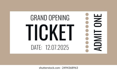 Ticket. Admit one ticket for grand opening. Minimalism. White modern ticket concert and festival event, movie theater coupon. Vector paper and digital samples icon.