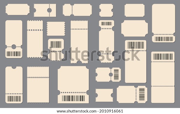 Ticket\
admit template. Bus, train or tram trip, show or event entrance,\
cinema vintage pass admissions set, retro coupons or vector tickets\
with bar codes and controller tear off\
perforation