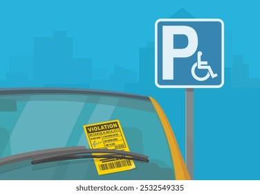 ticket affixed to the windshield of a vehicle parked in a disabled parking lot (flat design)