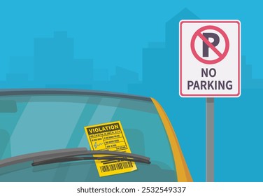 ticket affixed to the windshield of a vehicle parked in a prohibited parking area (usa,flat design)