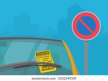 ticket affixed to the windshield of a vehicle parked in a prohibited parking area (europe,flat design)