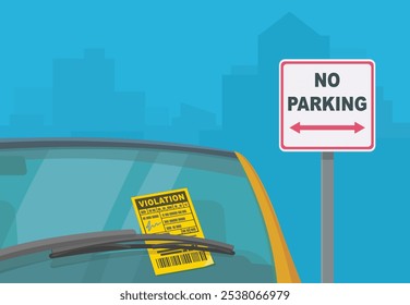 ticket affixed to the windshield of a vehicle parked in a prohibited parking area (usa,flat design)