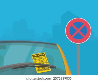 Ticket affixed to the windshield of a vehicle parked in an area where stopping is prohibited (europe, flat design)