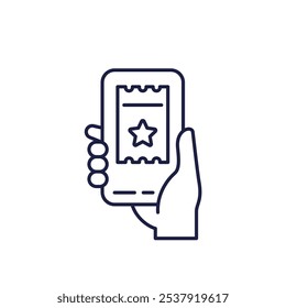 Icono de línea de App de boletos con teléfono en la mano