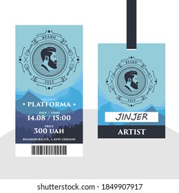 Ticket & Badge for Beard Rock Metal Festival. Poster. Flyer. Vintage illustration for concept design. Vintage vector poster. Music Festival. Men's Beard.