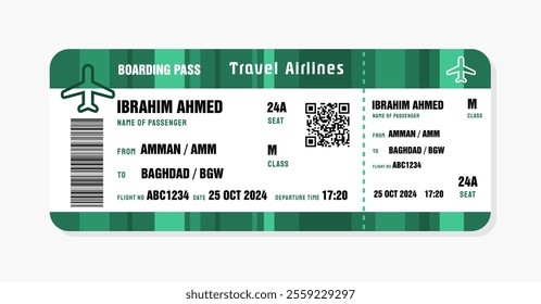 Ticket to Baghdad, Iraq. Boarding pass template with generic data. Travel flight ticket vector illustration with QR code.