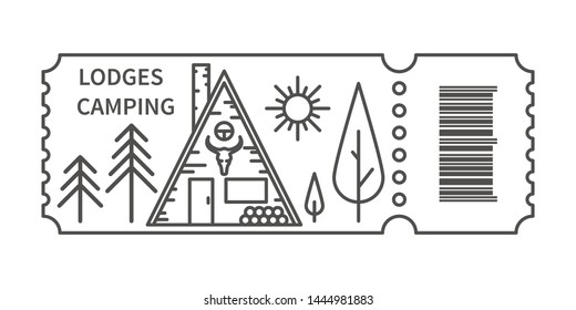 Ticket with barcode and Glamping Lodge in linear style. Banner for camping travel tour. Glamping accommodation traveling. Vector illustration