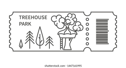 Ticket with barcode and Glamping Treehouse in linear style. Banner for camping travel tour. Glamping accommodation traveling. Vector illustration
