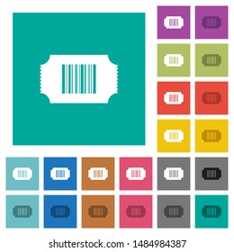 Ticket with barcode multi colored flat icons on plain square backgrounds. Included white and darker icon variations for hover or active effects.