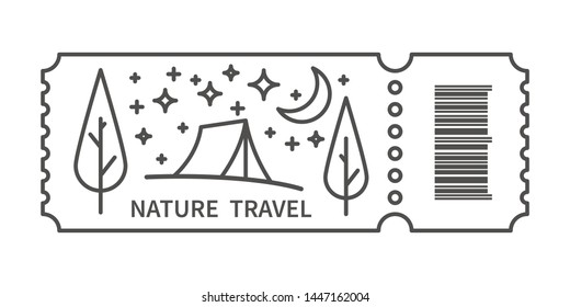 Ticket with barcode and night Tourist tent in linear style. Banner for camping travel tour. Camping accommodation traveling. Vector illustration